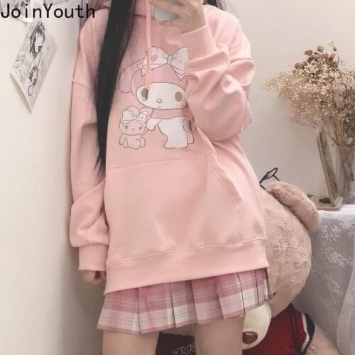 Joinyouth Harajuku Kawaii Sweatshirt Hoodie Women Lolita Streetwear White Pink Tops Loose Fleece Hooded Pullover Cute Clothes