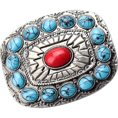 Antique Rodeo Turquoise Bead Vintage Western Cowboy Oval Metal Belt Buckle Accessory for Jeans Leather Belt
