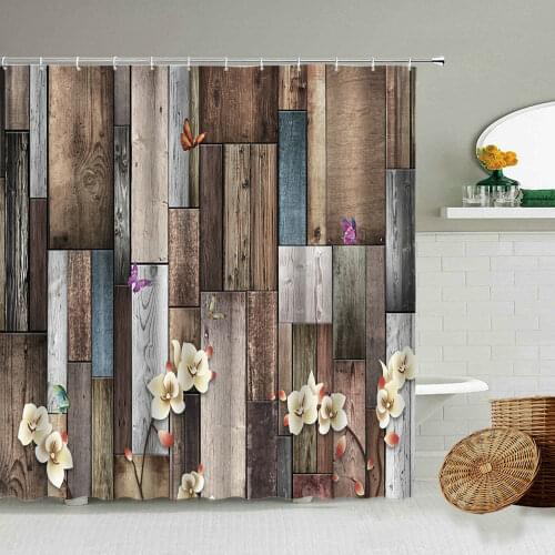 Color Retro Old Board Wood Butterfly Flower Shower Curtain Farmhouse Barn Creative Bathroom Accessories Toilet Waterproof Screen