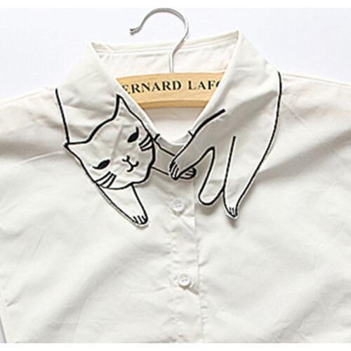 Retro British Style Women Girls Cotton False Fake Collar Cute Cartoon Cat Embroidery Casual Detachable Lapel Half-Shirt Blouse