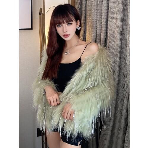 RosEvans Women Ins Real Raccoon Fur Knitted Fur Jacket Coat Mid-Length 2020 Winter New Tassel Crystal Young Girl Korean