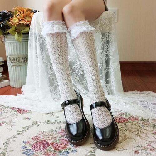 Japan Lolita White Lace High Socks Women Transparent Fishnet Stocking Femme Long Knee Socks Leg Pantyhose Stocking Streetwear