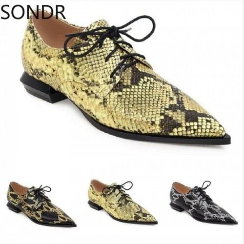 British Womens Snakeskin Pattern Pointy Toe Low Heel Lace Ups Oxfords Shoes Wingtip Brogue OL 3Colors Plus Size34-46