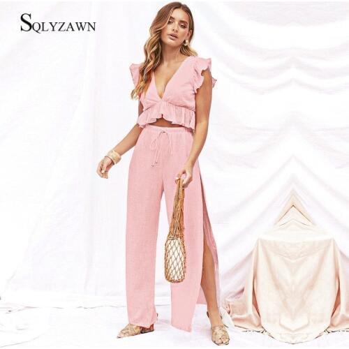 Women Sexy Chiffon Ruffle Elegant Two Piece Set V Neck Crop Top Split Wide Leg Palazzo Pants Korean Pink Co ords Outfit Suit XS