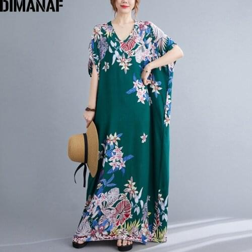 DIMANAF Summer Dress Women Clothing Oversize Sundress Bohemian Floral Printing Elegant Lady Casual Loose Maxi Long Dress Green