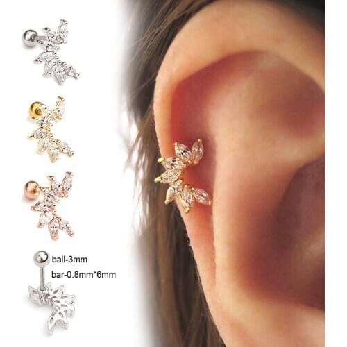 1Pc Tricolor Flower Stainless Steel Crystal Zircon Cartilage Ear Piercing Cz Tragus Helix Lobe Screw Back Stud Earring