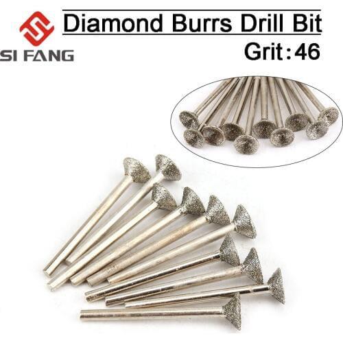 10Pcs/Lot Diamond Grinding Head Mounted Points 3mm Shank Spherical Concave Jade Carving Burrs for Dremel Rotary Tool 6/8/10mm