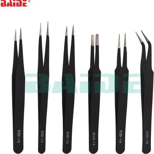 6pc Precision ESD Tweezers Anti-static Stainless Steel Tweezer Pinza with ESD 10 11 12 13 14 15 Repair Tool