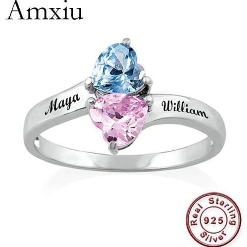 Amxiu Customized Two Names Jewelry 100% 925 Sterling Silver Ring Heart Shaped Zircon Rings Wedding Ring Personalized Name Ring