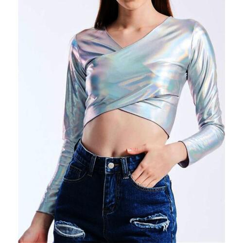 Sparkly Hologram Long Sleeve Slim T Shirt V Neck Sexy Women Crop Tops Night Club Dance Show Fashion Cute Tops 2019 New Style