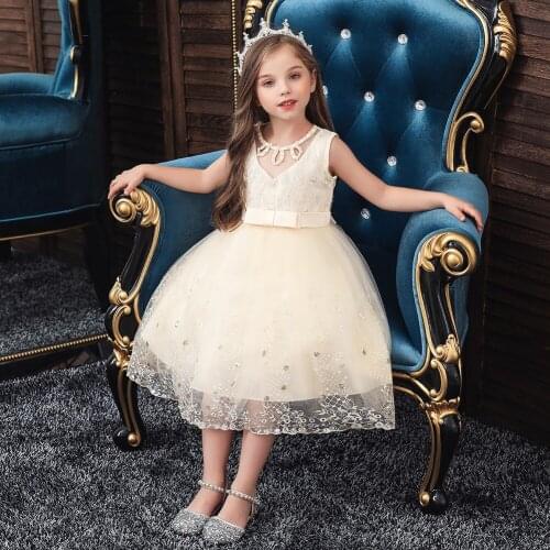 Champagne Crew Neck Embroidered Kids Party Dress Girl Cotton Knee-Length Cute Girl Dress For Child 0-8 Years Old