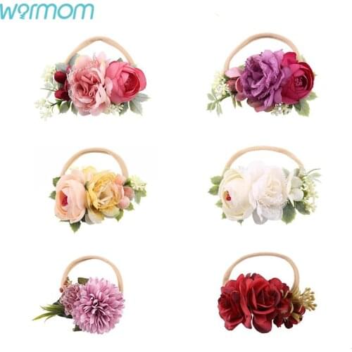 Warmom Baby Artific Headwear Newborn Flower Headbands for Girls Handmade Nylon Elastic Hairbands Floral Toddler Hair Bands