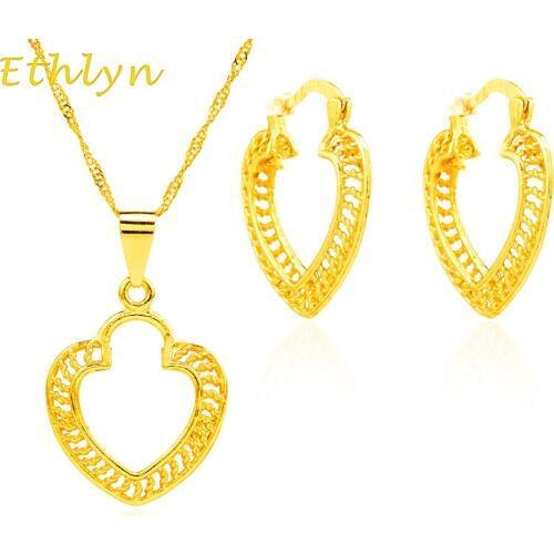 Ethlyn Heart pendants&earrings Set 22k yellow gold filled plated romantic love jewelry wedding bride sets gift, S018