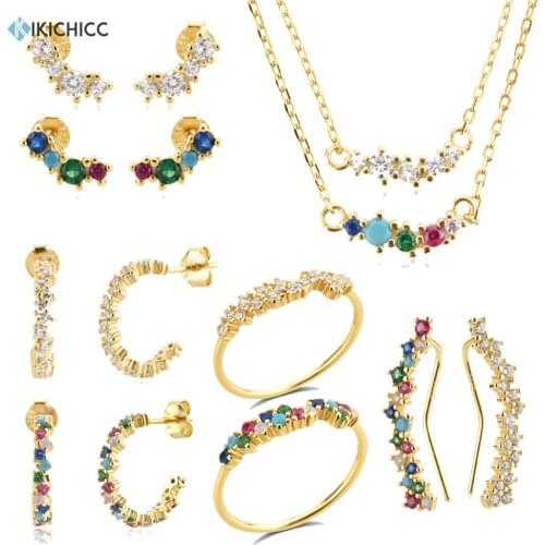 KIKICHICC 925 Sterling Silver 18K Gold Plated Angelique Sparkle Tutti Frutti Piercing Hoop Stud Earring Ring Collar Jewelry Set