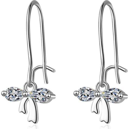 KOFSAC New Fashion 925 Sterling Silver Earring Elegant Cute Crystal Bowknot Earrings For Women Party Ear Hook Girl Jewelry Gifts