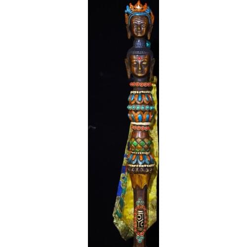 21" Tibet Temple Collection Old Bronze Tracing mosaic Gem Dzi Bead Buddha head statue Dorje Vajra Phurpa Town House Exorcism