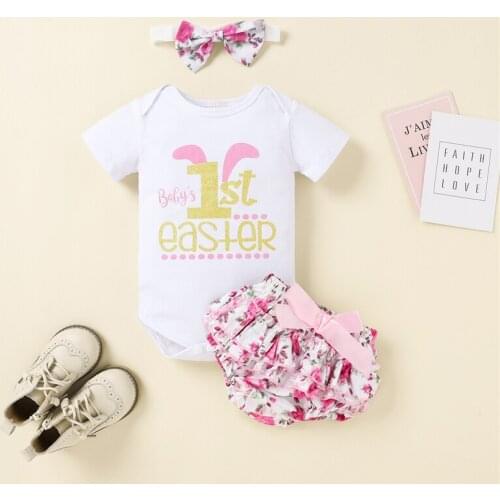 Baby Girls My 1st Easter Outfits Short Sleeve Letter Print Romper + Floral Bloomers + Headband 3pcs Baby Clothes Set