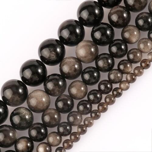 Natural Stone Smooth Silver Obsidian Round Loose Spacer Beads For Jewelry Making DIY Charm Bracelet Necklace 4 6 8 10 12 mm 15