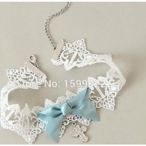 Princess Lace Necklace White Girls Chocker with Alloy Cross Pendant Women Blue Bowknot Ornament Jewelry Display Accessories Gift