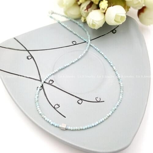 LiiJi Unique Tiny Larimar 925 Sterling Silver Matte Cube 925 Sterling Silver Shining Necklace for Women or Men Jewelry