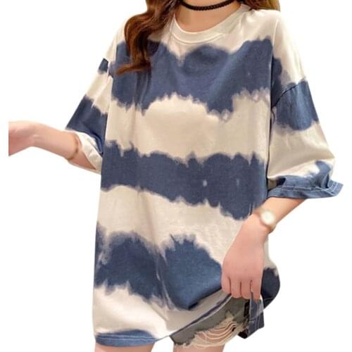 Fashion Short-sleeved T-shirt Female Summer Loose Student Striped Round Neck Printing Half-sleeved Tee Top