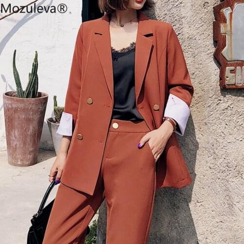 Mozuleva Vintage Orange Women Blazer Suits Long Sleeve Double Breasted Blazer Pants Suit Office Ladies 2 Piece Blazer Sets Femme