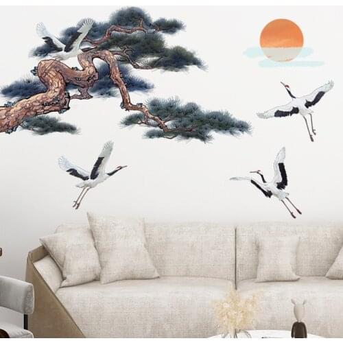 Chinese Style White Crane Pine Wall Sticker Home Decor Living room Bedroom Sofa TV Background Decals Wallpapers Murals Posters