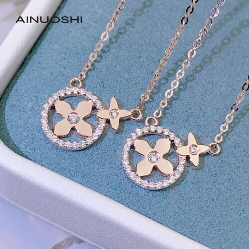 AINUOSHI 18K Gold 0.15 Carat Real Diamond Little Stars Lucky Four Leaf Clover O-chian Necklace for Women Dating Occasion 18