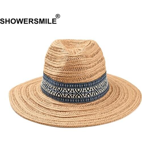 SHOWERSMILE Handmade Hats Women Sun Straw Hat Men Fedora Khaki Ethnic Breathable Outdoor UV Protection Jazz Sunshade Hat Unisex