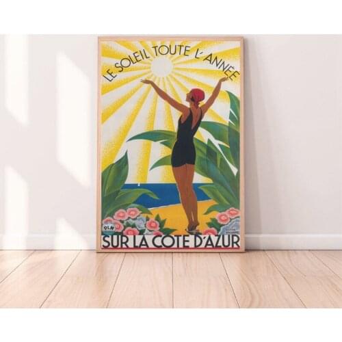 Sur La Cote D Azur France Vintage Travel Poster Colorful Flower Wall Art French Woman Canvas Painting for Living Room Home