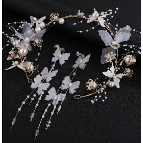 White Flower Hairddress Bride Wedding Pearl Jewelry Handmade Hair Acessories Wedding Decoration with earrings