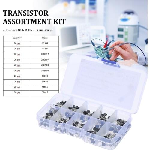 Transistor Assortment Kit 200-Piece NPN PNP Power Transistors BC337 BC327 2N2222 2N2907 2N3904 2N3906 S8050 S8550 A1015 C1815