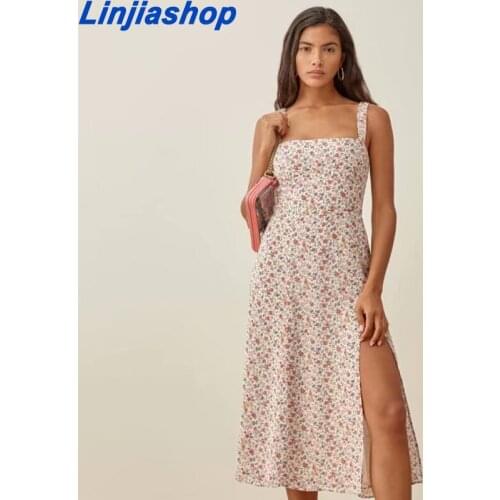 Print Vintage Long Dress Elastic Slim Elegant Summer Dress Split French High Waist Sexy Sundress Women Party Wear