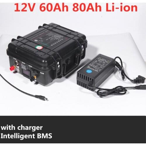 Waterproof case Rechargeable Li-ion battery 12V 60Ah 80Ah Lithium ion Battery with BMS for solar system +5A charger
