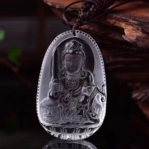 High quality pure natural white crystal seiko carved manjusri bodhisattva pendant necklace, rich and safe for men and women desi