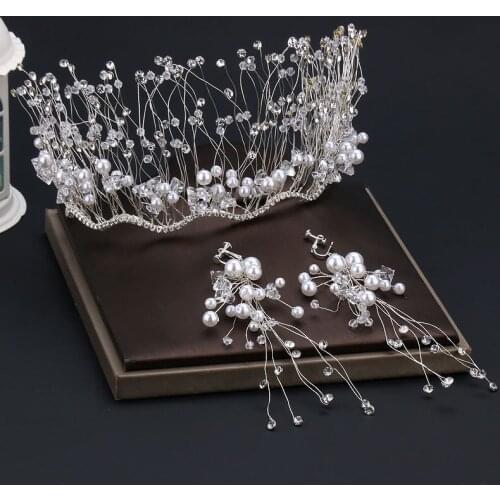 Pearl round tiara Bride Crown earring set luxury hair jewelry Wedding hair Accessories