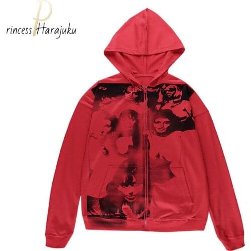 New Plus Size Vintage Red Print Hoodies Female Zip Up Long Sleeve Women Sweatshirt Y2k Autumn Winter Fashion Clothes Streetwear