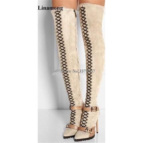 Brand Design Women Fashion Pointed Toe Suede Leather Over Knee Boots Buckle Straps Beige Black High Heel Long Boots Club Shoes