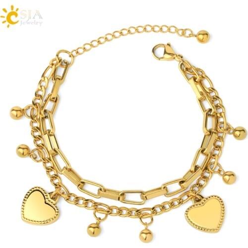 CSJA Luxury Stainless Steel Ladies Bracelets Women 2020 Gold Color Bangle Heart Charms Bracelet for Couple Lover Friendship S750
