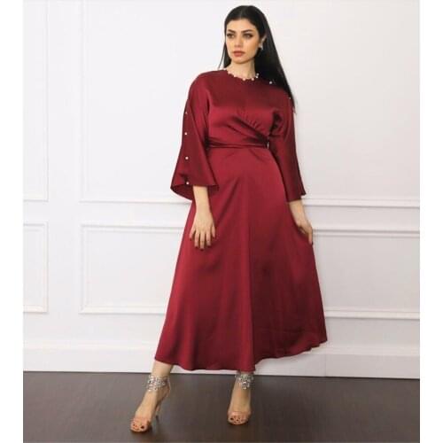 Satin Dress for Women 2021 New Dubai Turkey Arabic Oman Abaya Dress Modest Muslim Self-Belted Robe Maroon Grey PInk