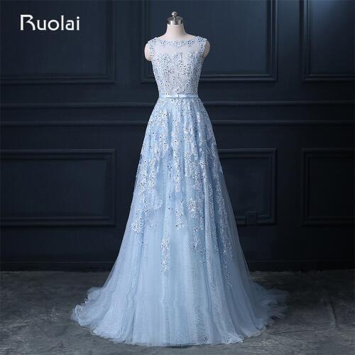 Real Photo Custom Made Blue Evening Dresses Scoop Tulle Applique Beaded A-Line Long Prom Dresses 2019 Robe de Soiree FE92