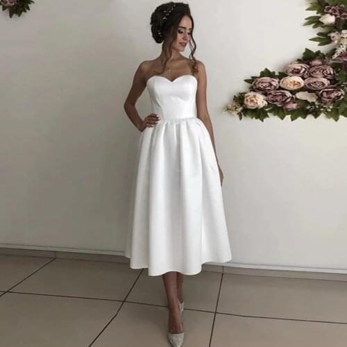 2021 Simple Short Satin Wedding Dress Sweetheart Sleeveless Backless A Line Bridal Dress Custom Plus Size Vestido De Noiva