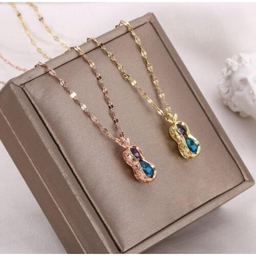 316L Stainless Steel Titanium Steel Two Crystal Peanut Pendant Necklace Never Fade
