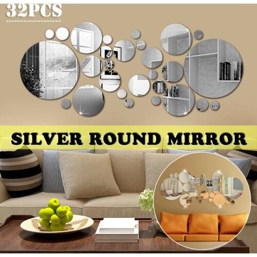 32pcs Circle Mirror Sticker 3D Mirror Tile Sticker Acrylic Wall Sticker Decal DIY Bedroom Home Art Decoration Round Mirror
