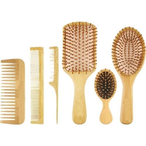 6PC/Set Wood Comb Healthy Paddle Cushion Hair Loss Massage Brush Hairbrush Comb Scalp Hair Care Healthy Bamboo Comb