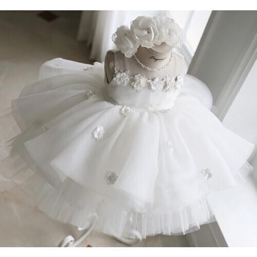 White Lace Flower Baby Girl Dress Baptism Ball Gown Appliques Pageant Dress for Girl Birthday Wedding Party Christening Gown