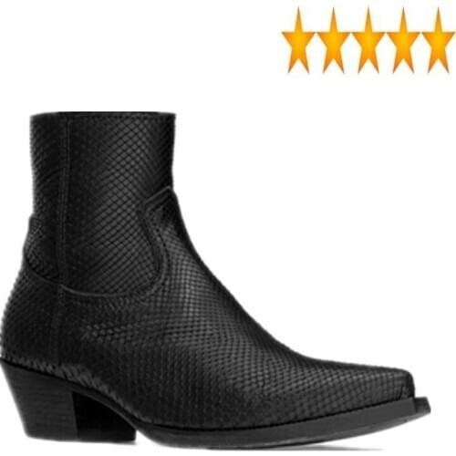 Python Men Luxury Pattern Business Genuine Leather Chelsea Biker Man Block Heels Pointed Toe Work Safety Shoes Ankle Boots