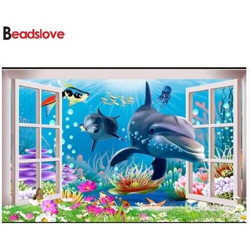 Dolphin Window Scenery Diamond Embroidery Diamond Mosaic sale DIY Diamond Painting Coral Fish Full 5D Square/Round Rhinestone