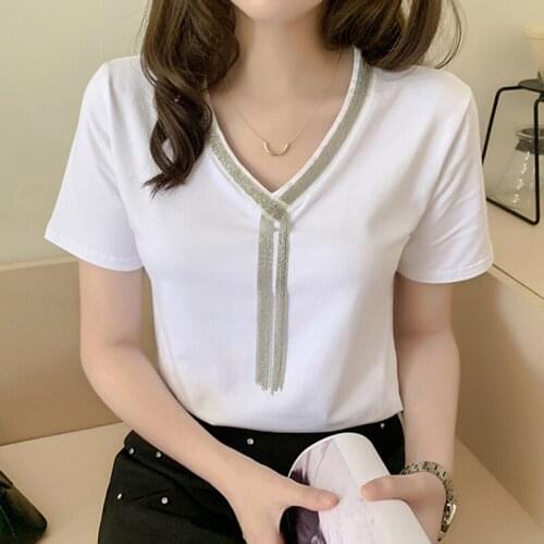 V-Neck T Shirt Women Chain Short Sleeve T-shirt Female 2021 New Summer Tops Cotton Korean Fashion Woman Clothes Tee Shirt Femme