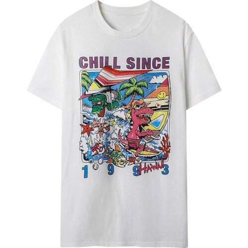 Oversize Girls Soft Cotton O Neck T-shirt 2021 Summer Office Ladies Casual Loose Women 1993 Series Dinosaur Surf Print T-shirt